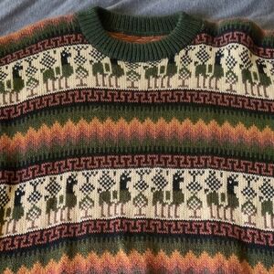 Alpaca Patterned Crewneck Sweater - Green, Cream, and Brown - Handmade In Peru